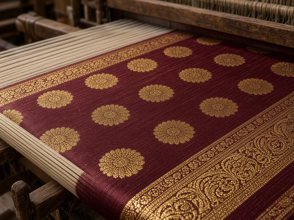 Handwoven maroon silk with gold zari on a traditional loom