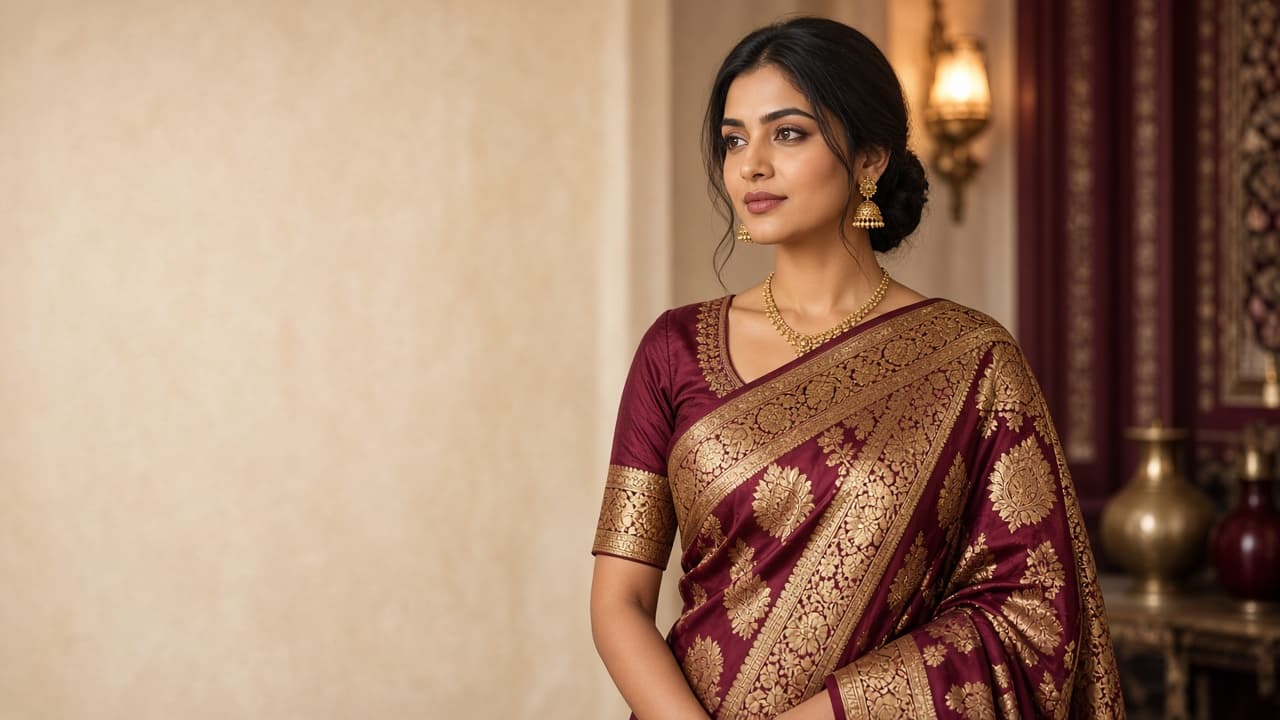 Viraab — woman in maroon and gold Banarasi silk saree