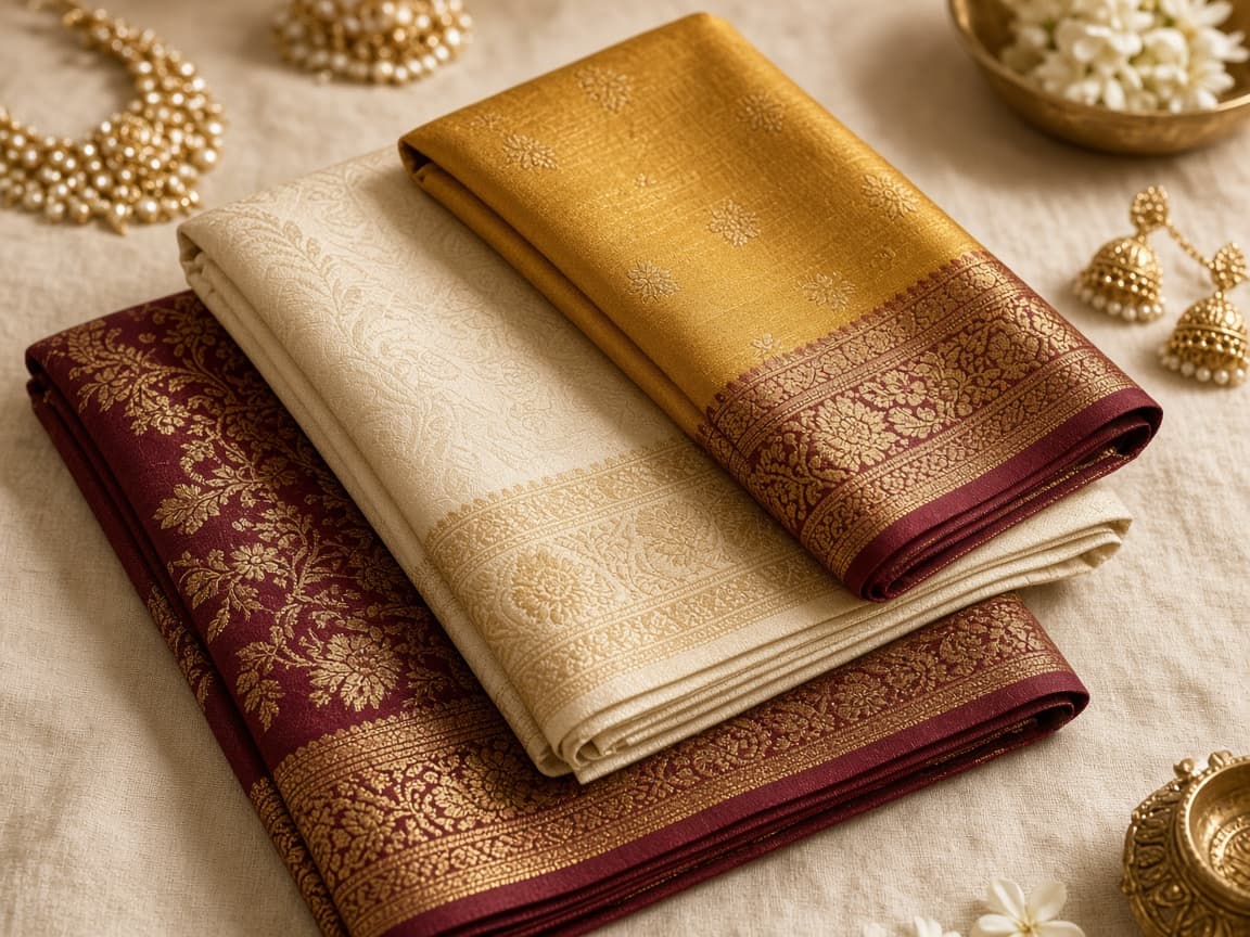 Curated Viraab silk sarees in maroon, ivory and gold