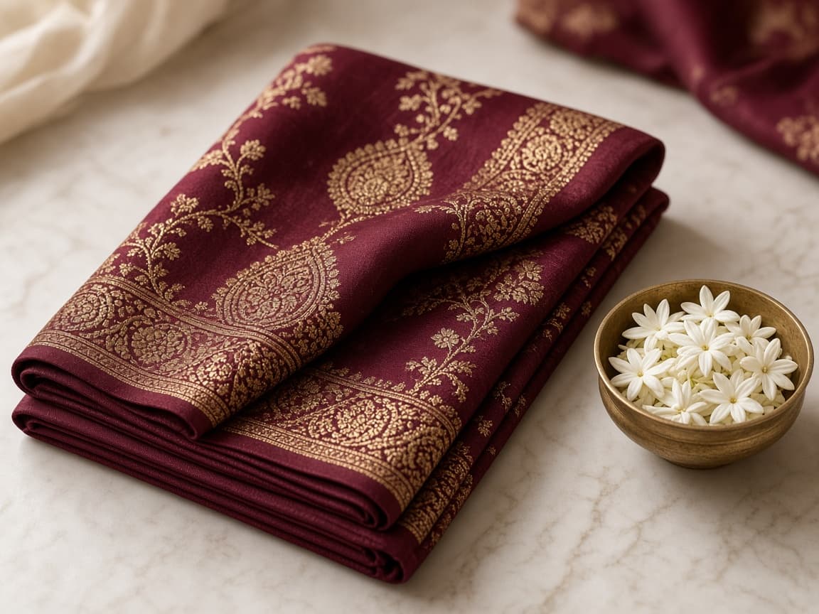 Folded maroon and gold Viraab silk saree with brass bowl