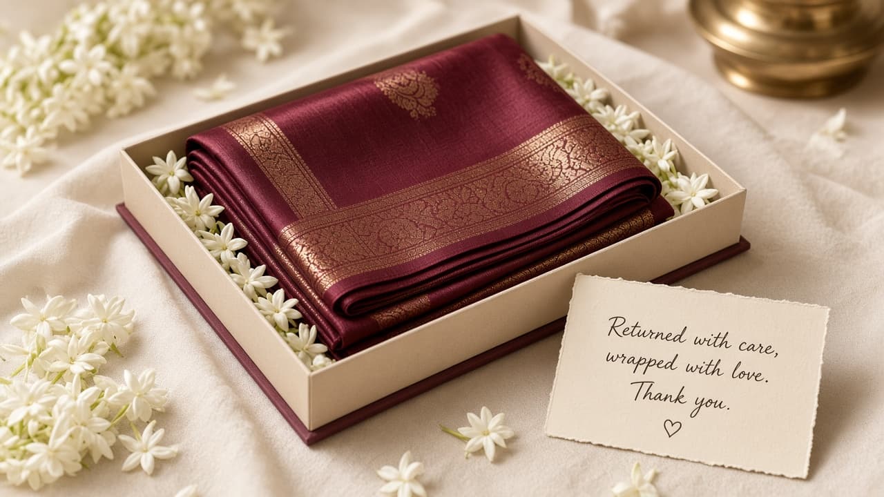Viraab saree gift packaging with flowers — returns with care