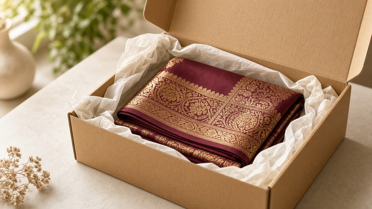 Viraab saree packed securely in a delivery box